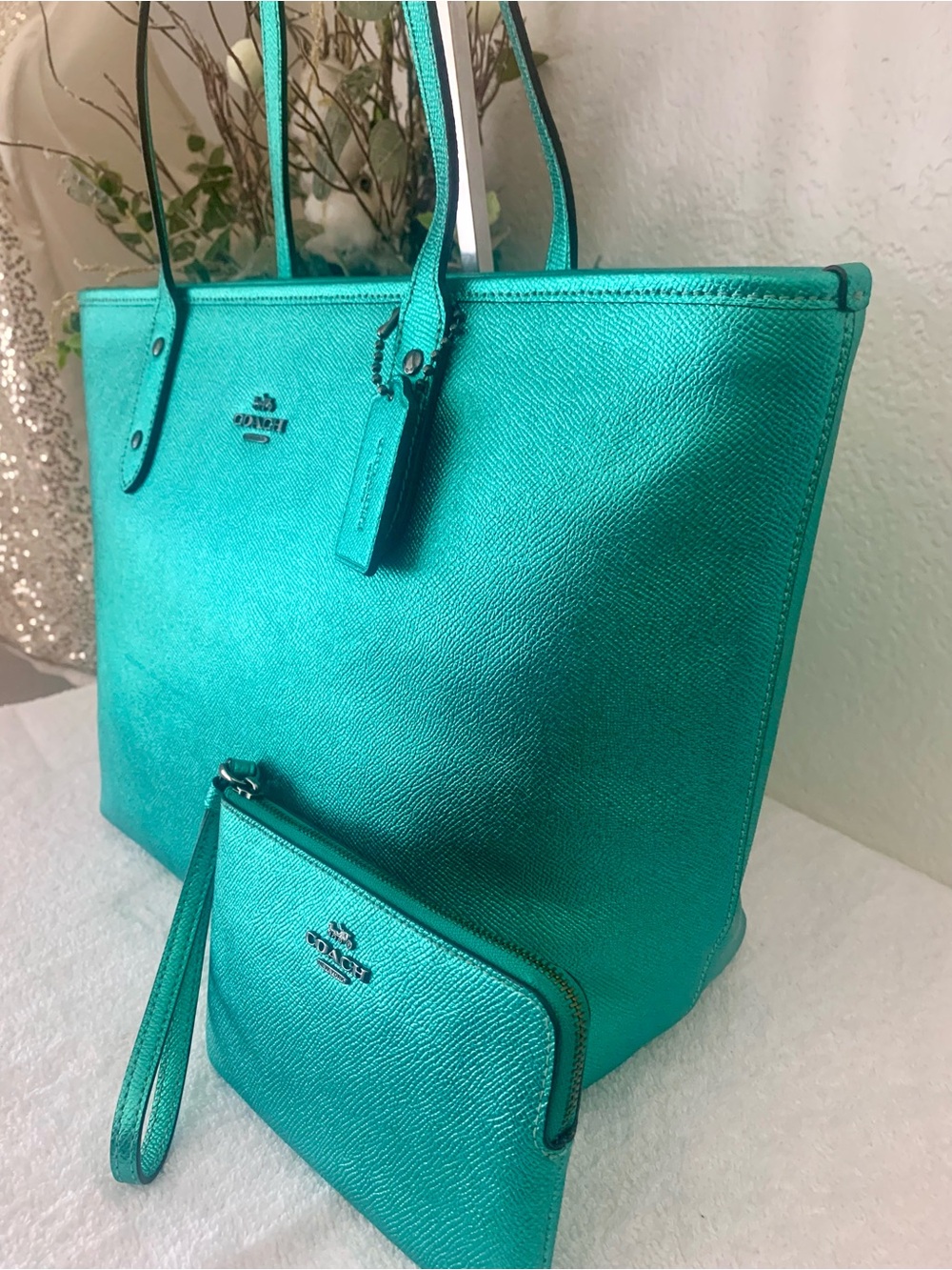 RARE Coach Metallic Sea Green City Tote with Wristlet Set HARD TO FIND - Picture 2 of 13